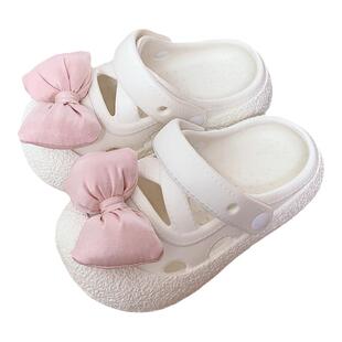 儿童公主鞋洞洞鞋夏季甜美粉色蝴蝶结女童时尚海边度假沙滩凉拖鞋