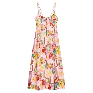 ZA外贸出口度假风露背水果印花亚麻混纺拼布迷笛连衣裙女3771107