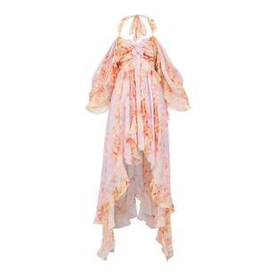 Sheer Luck 2026春夏新款氛围感雪纺印花多层次挂脖飘逸连衣裙女