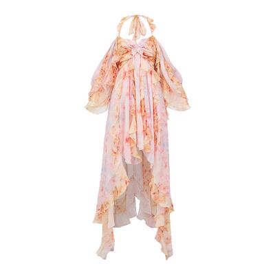 氛围感印花多层次挂脖飘逸连衣裙