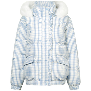 GUUKAHERO可拆卸毛领连帽羽绒服女 格纹蝴蝶结冬季保暖面包服外套