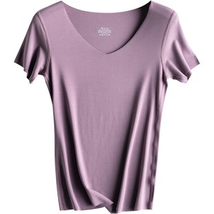 短袖t恤女士夏季韩版2023新款修身v领纯色莫代尔白色黑色无痕体恤