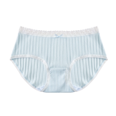 彩田竖条纹莫代尔蕾丝边短裤头