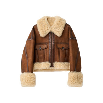 真皮毛撞色慵懒美式复古短外套女