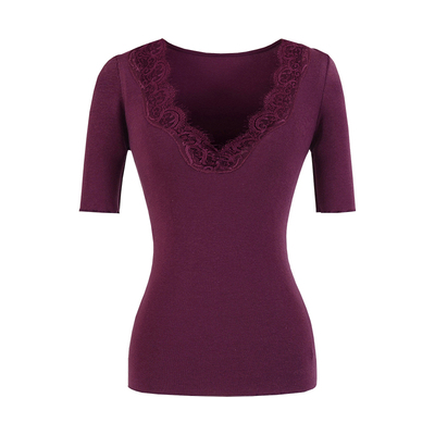 性感V领蕾丝拼接中袖打底T恤上衣