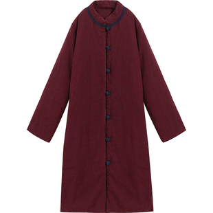 亚麻加厚保暖棉服女冬2025年新款复古大衣宽松中长款过膝棉袄棉衣