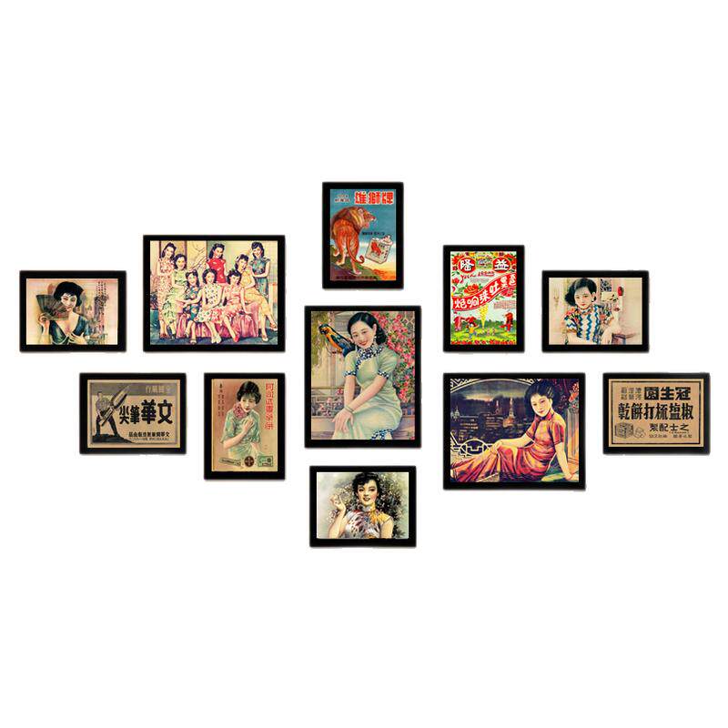 民国风装饰画怀旧复古旗袍美女老照片海报画老上海餐厅火锅店挂画