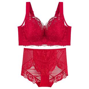 红色内衣内裤本命年女马年大胸显小全罩杯薄款大码文胸套装礼盒装