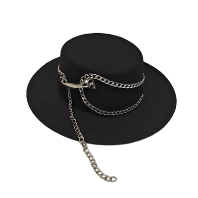 走秀链条仿门把手毛呢平顶礼帽女