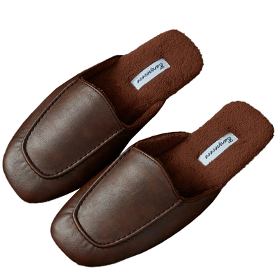 北欧风皮拖鞋男秋冬季居家用情侣室内静音防滑防水耐脏保暖棉拖鞋