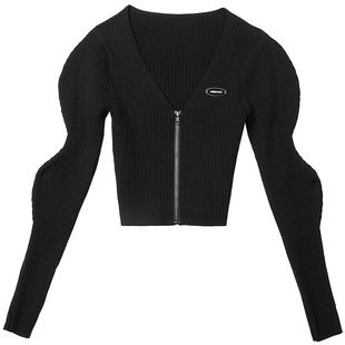 ANNAKIKI针织衫 设计师款女装小众 3D波浪袖L领针织衫开衫女秋季