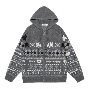 张函瑞同款GUUKA猫咪提花毛衣外套男冬 费尔岛开衫针织衫绵羊毛衫