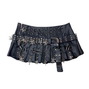 Y2K辣妹亚比铆钉骷髅十字架朋克小众街头PU皮金属百褶短裙 送腰带