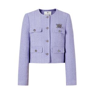 商场同款 摩萨克春装鸢尾花粗花呢紫色小香风箱型外套女