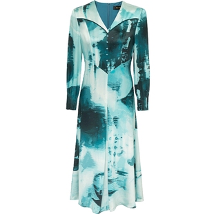 阿丹娜春秋绿色印花醋纤混纺V领钻扣收腰连衣裙子长袖气质女装