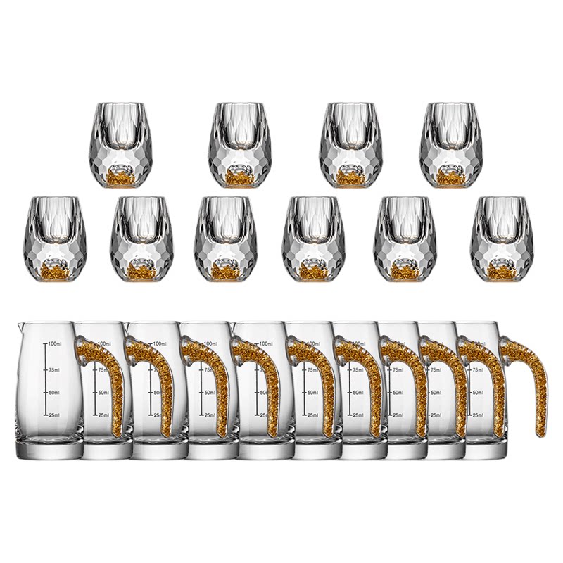 金箔水晶切面白酒杯套装家用玻璃小号一口杯刻度带把分酒器杯架装
