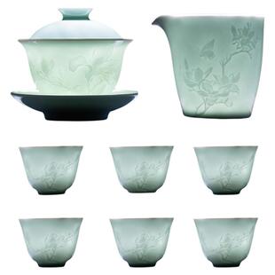 景德镇影青玉兰花三才盖碗茶具套装家用高档陶瓷功夫泡茶碗礼盒装