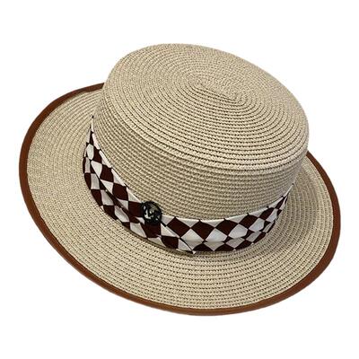 棋盘格M法式英伦复古平顶草帽女