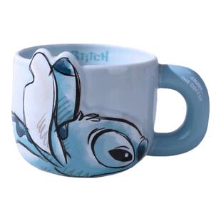 迪士尼星际宝贝史迪仔咖啡喝水茶杯子蓝色带把手陶瓷耐高温不烫手
