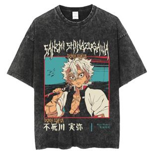 柒街巷原创Demon Slayer鬼灭之刃水洗做旧宽松全棉T恤男女t-shirt