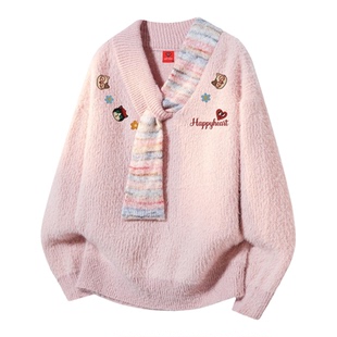 查尔斯桃心小猫印花围巾拼接慵懒毛衣男女冬季新款圣诞休闲针织衫