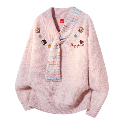 查尔斯桃心小猫印花围巾拼接慵懒毛衣男女冬季新款圣诞休闲针织衫