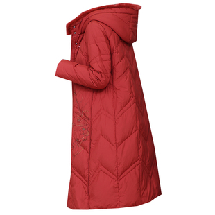 红色刺绣鹅绒外套2025冬高端妈妈装水貂毛连帽加厚羽绒服女中长款