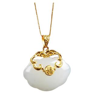 中国风复古宫廷S925银金镶玉吊坠女款福字平安锁和田玉白玉项链女