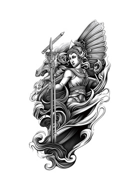 北欧女武神纹身贴黑白素描竖版花臂羽翼战马长矛大臂肩背防水贴纸