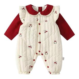 拉果拉女宝新年加厚夹棉背心连体裤加绒打底衣套装冬季婴儿拜年服