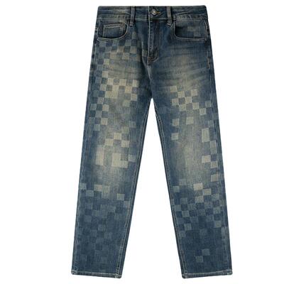 棋盘格YKK拉链直筒牛仔裤男装