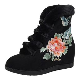 新款冬季绣花鞋加绒棉靴汉服鞋百搭复古中国风女鞋增高旗袍搭配鞋