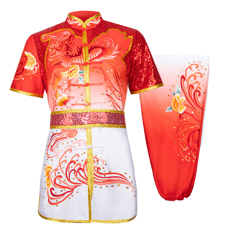 大业亨通武术表演服长拳训练仿丝刺绣渐变功夫彩服新款演出服男女
