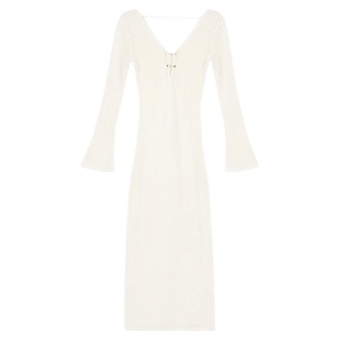 MULVAN 美神裙/性感镂空V领长袖毛织连衣裙女度假风可盐可甜长裙