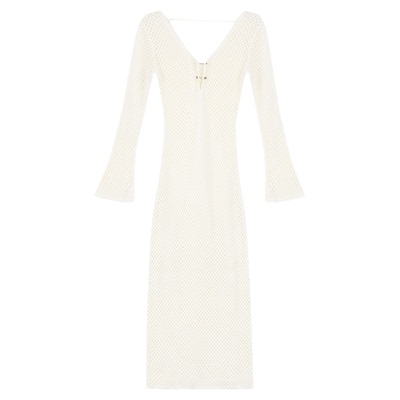 MULVAN 美神裙/性感镂空V领长袖毛织连衣裙女度假风可盐可甜长裙