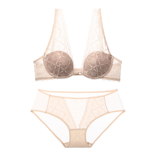 peach-box内衣女蕾丝性感套装小胸深V透气防下垂上托文胸罩2025年