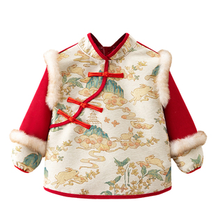 新款国风中国冬季儿童罩衣围裙秋冬穿衣宝宝防水拜年唐装围兜