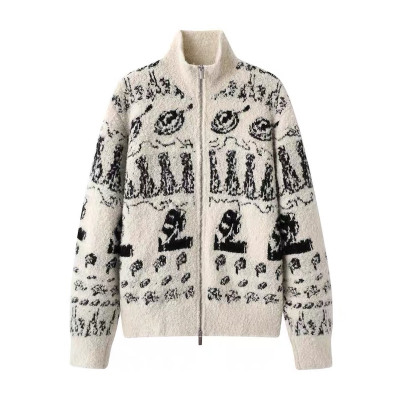 拉链翻领羊毛针织开衫上衣女士