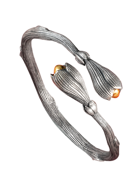 足银999古法镶金玉兰花手镯纯银女新中式国风银手镯开口潮流镯子