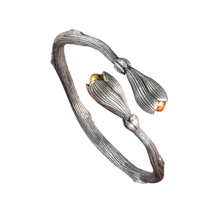 足银999古法镶金玉兰花手镯纯银女新中式国风银手镯开口潮流镯子