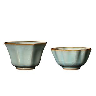 善窑厂李善明汝窑汝瓷情侣对杯茶具套装礼盒装八方牡丹单杯主人杯