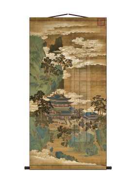 云海松阁青绿界画山水图 丝绸立轴挂画 国风古典亭台楼阁装饰画