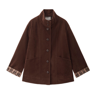 设计师款佐丹奴麂皮夹克女复古拼接格纹袖里宽松立领外套18375814