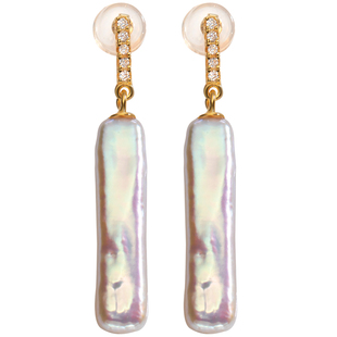 南珠宫925银 个性小众银条淡水珍珠耳环 白色长款耳钉 C-E009SD-J