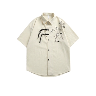 悟空有货复古新中式竹子刺绣盘扣短袖衬衫男夏季宽松休闲情侣衬衣
