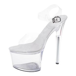 模特凉鞋真皮透明水晶鞋18cm细跟防水台超高跟20cm走秀舞台演出鞋