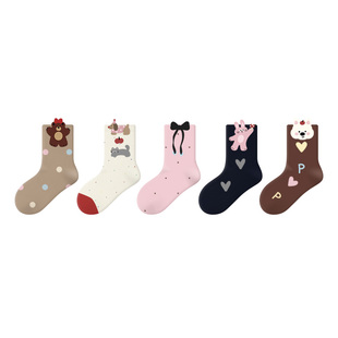 派米儿童袜子女童春秋中筒袜a类卡通可爱棉袜蝴蝶结秋冬无骨棉袜