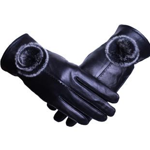 恰妮丝真皮手套女士冬季兔毛加绒加厚保暖户外骑行薄款羊皮手套女