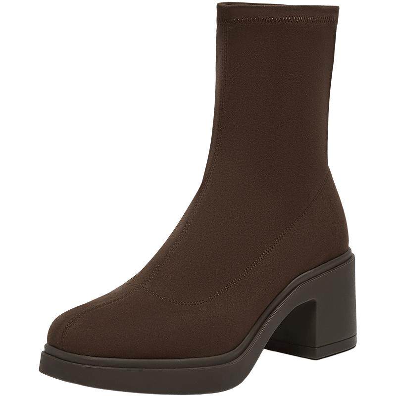 百思图冬季商场新款绒面粗高跟弹力瘦瘦靴粗跟女短靴A3290DD4