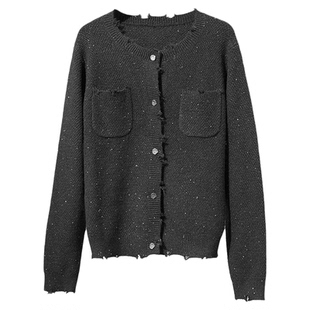 Amii2025秋新款优雅香风珠片毛织开衫女圆领落肩袖手工毛边上衣